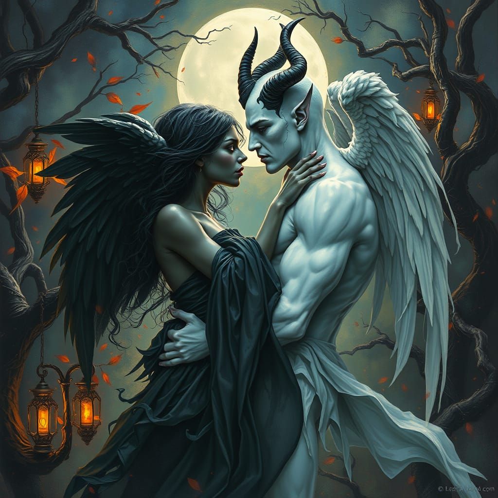 Dark Angel Meets Chiseled Demon in Moonlit Garden