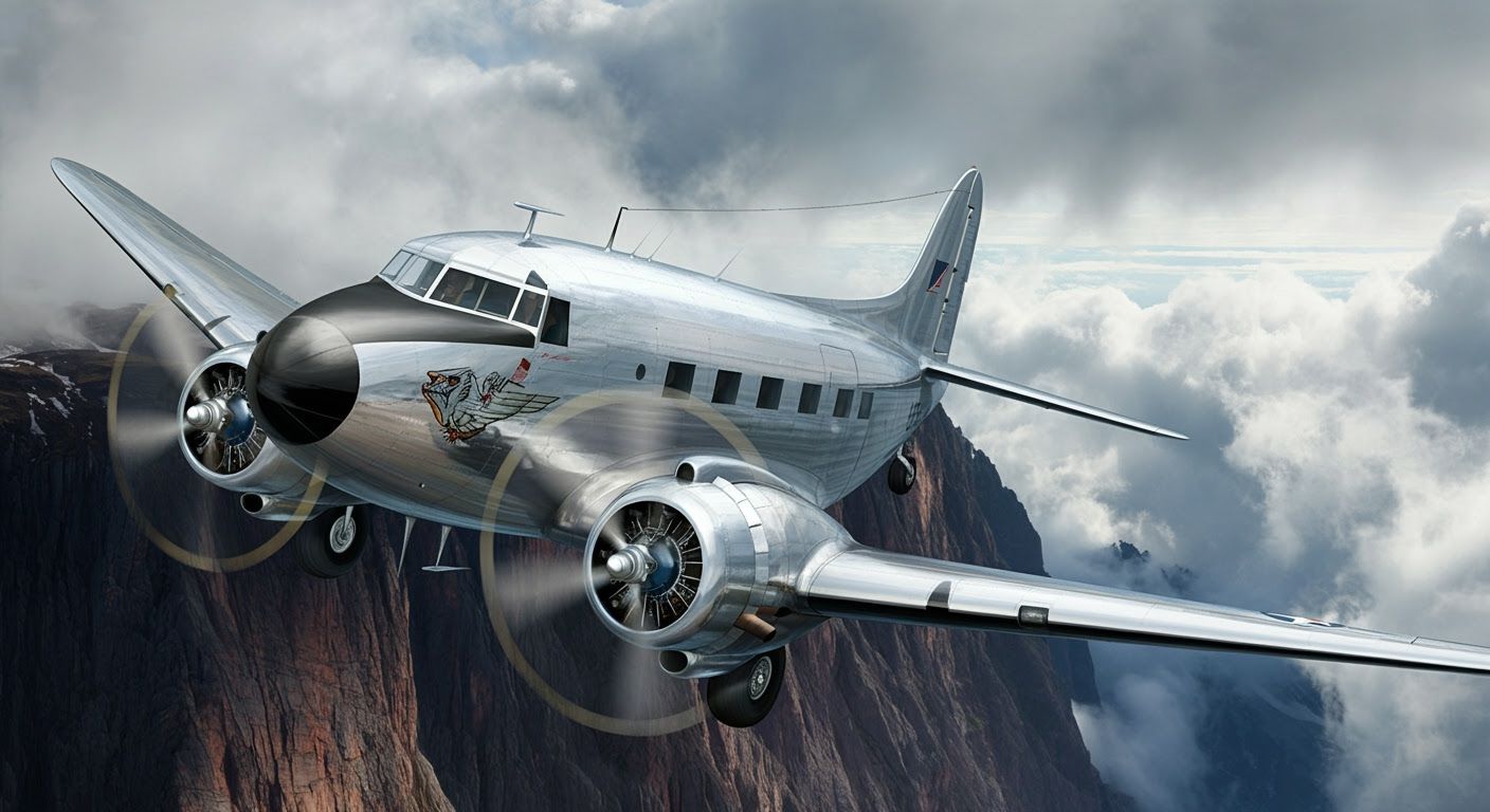 Vintage Airliner Ascends Over Cliffs in Atmospheric Impressi...