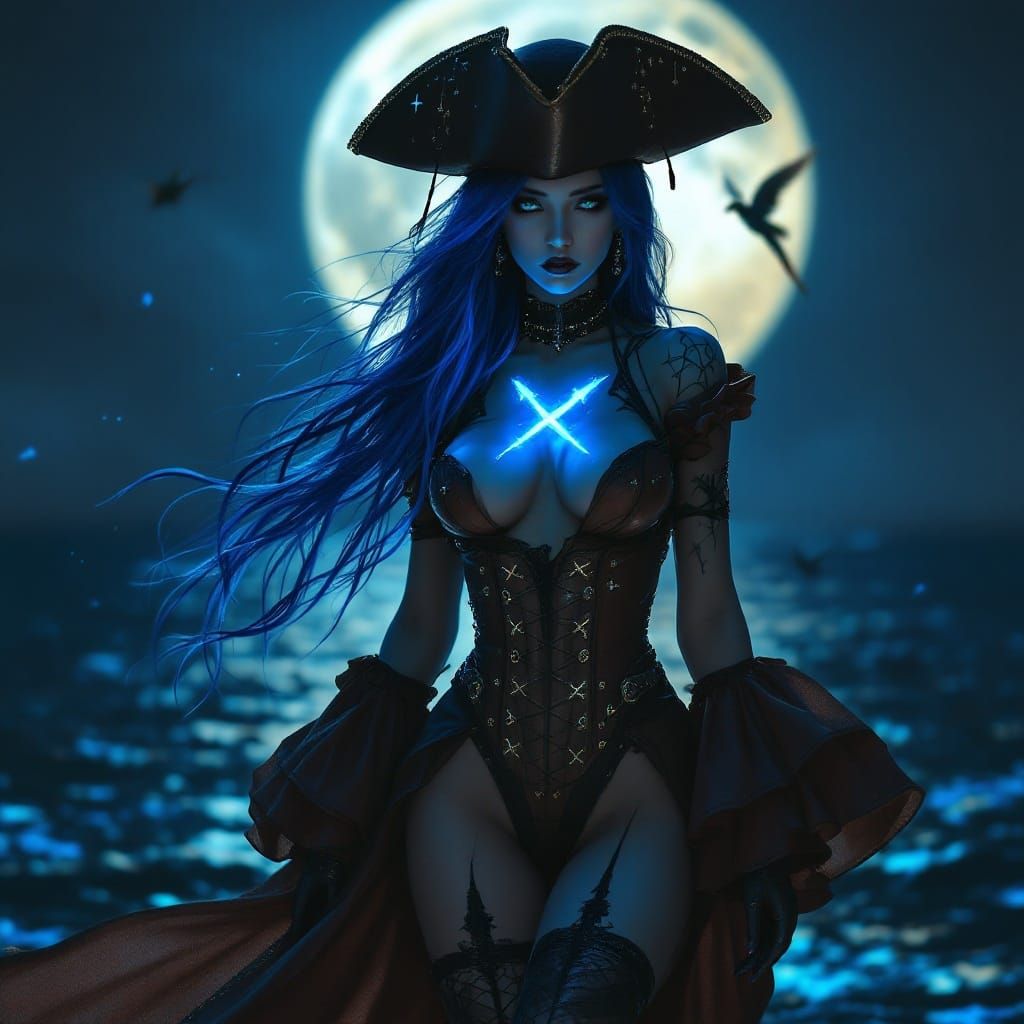 Ethereal Goth Pirate Captain Bluebush in Cyberpunk Aesthetic