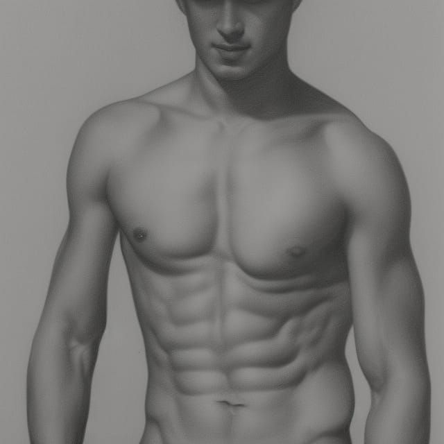 Pencil Line Drawing of a Shirtless Young Man