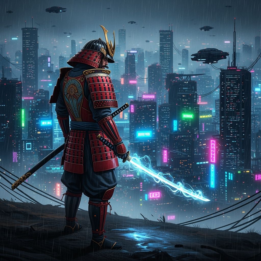Samurai Over Cyberpunk City: Digital Anime Art