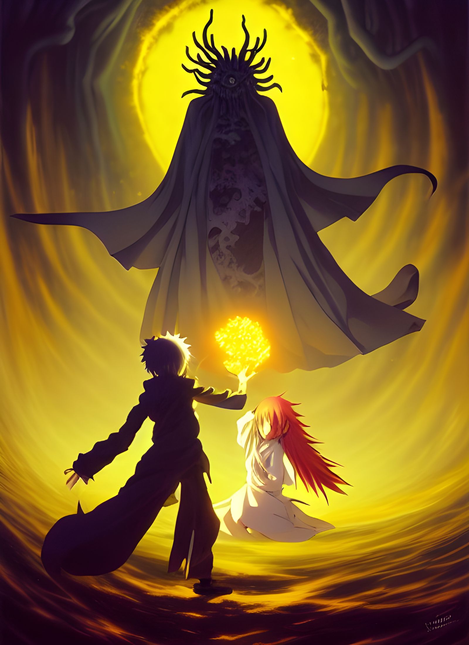 Anime Characters Battle Hastur in Baroque Oil Painting