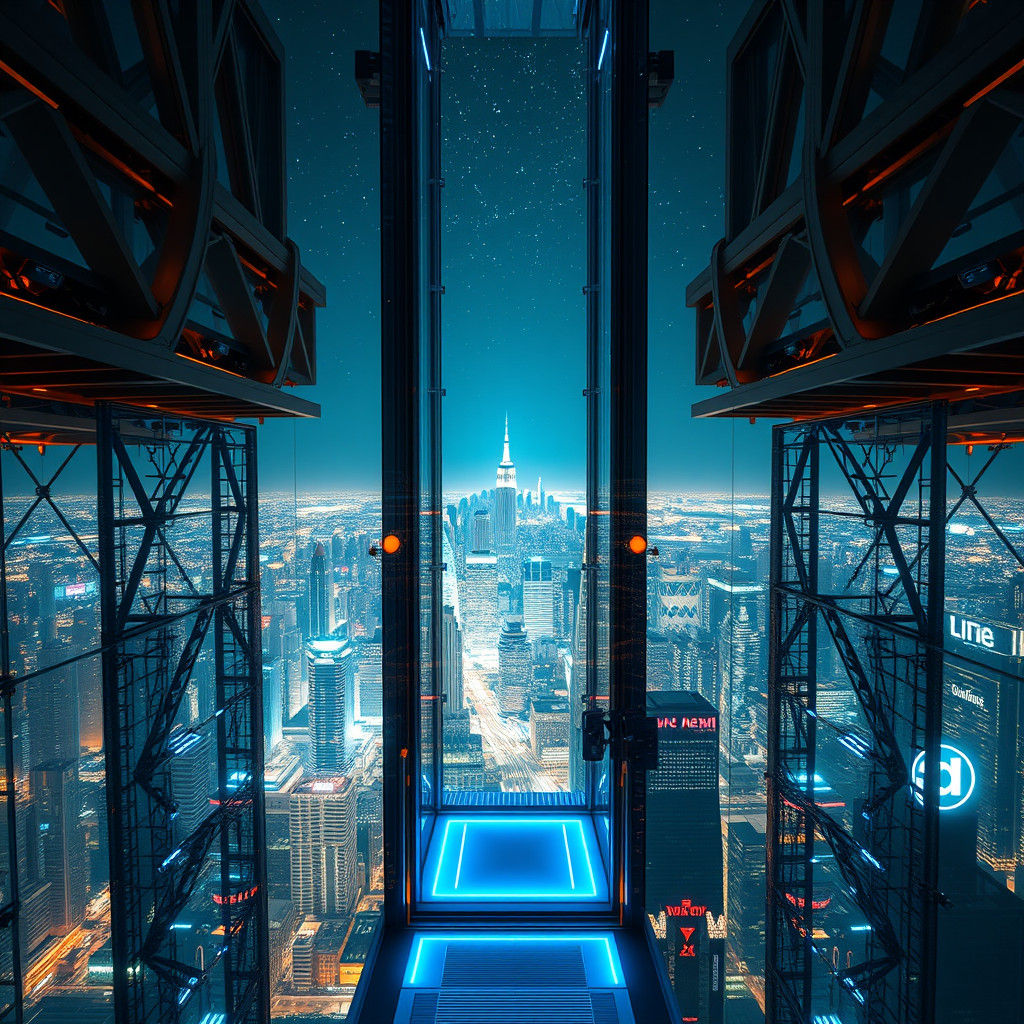 Futuristic Glass Elevator in Opulent Cityscape