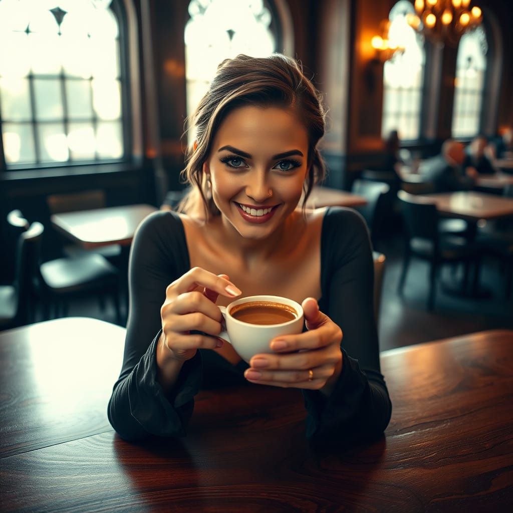 Elegant Woman Sits in Upscale Restaurant Gazing Directly at...