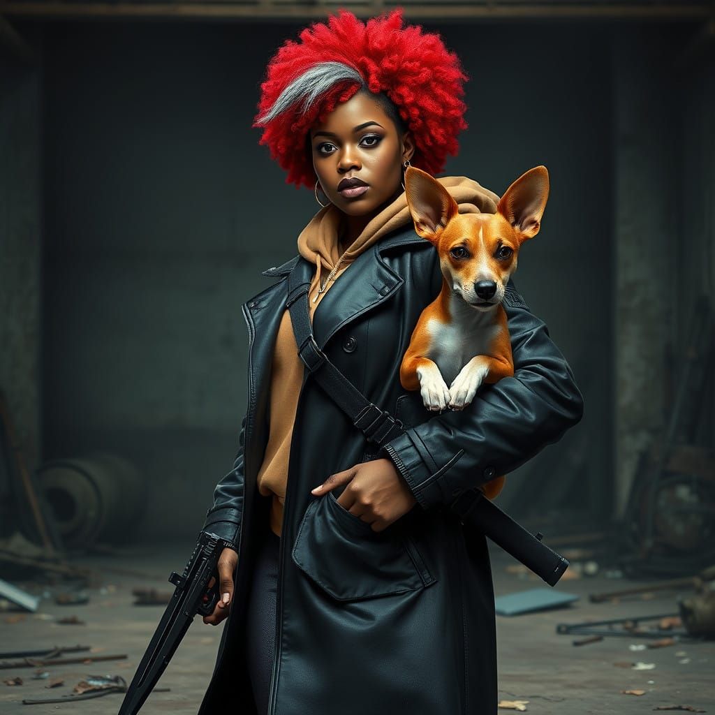 Confident Spy in Distressed Leather Trenchcoat, Neon Afro, a...