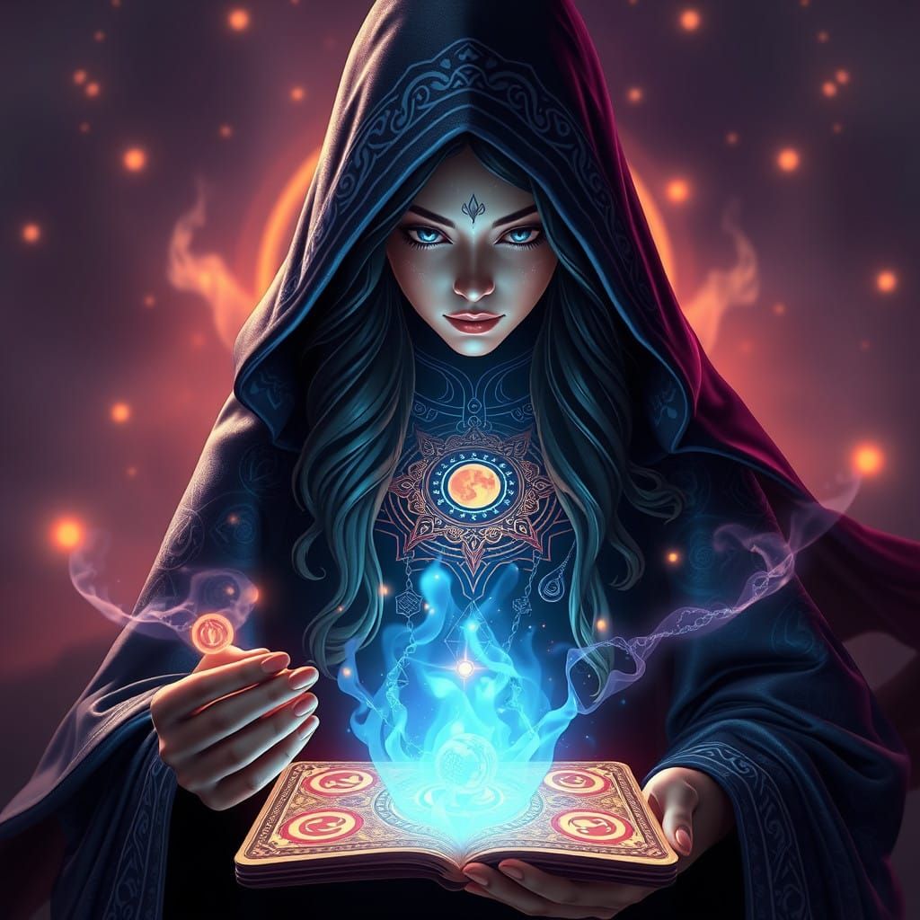 Mystical Tarot Card Reader in Vibrant Digital Art