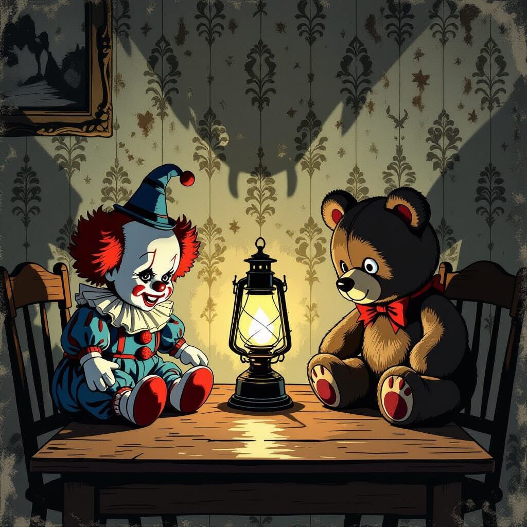 Creepy Clown and Bear with Oil Lamp