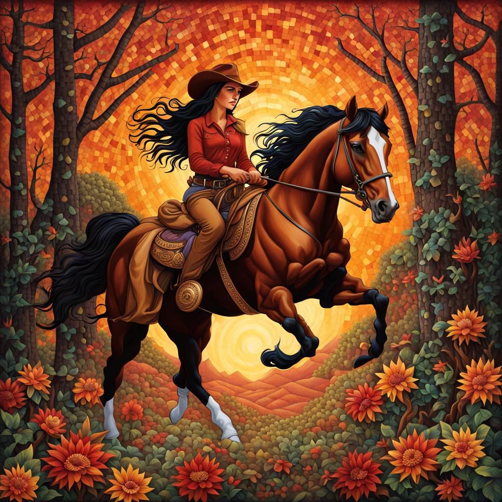 Cowgirl on Mustang in Forest, Mosaic Illustration