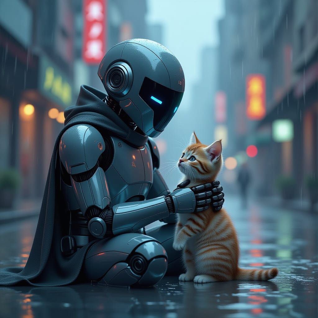 Droid Protects Kitten in Futuristic City Rainstorm