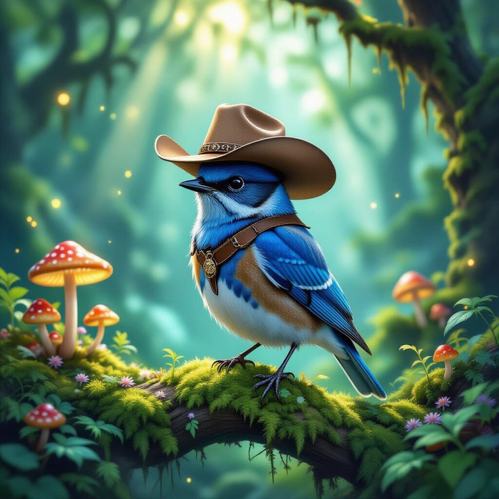 Bluebird in Western Attire in Enchanted Forest