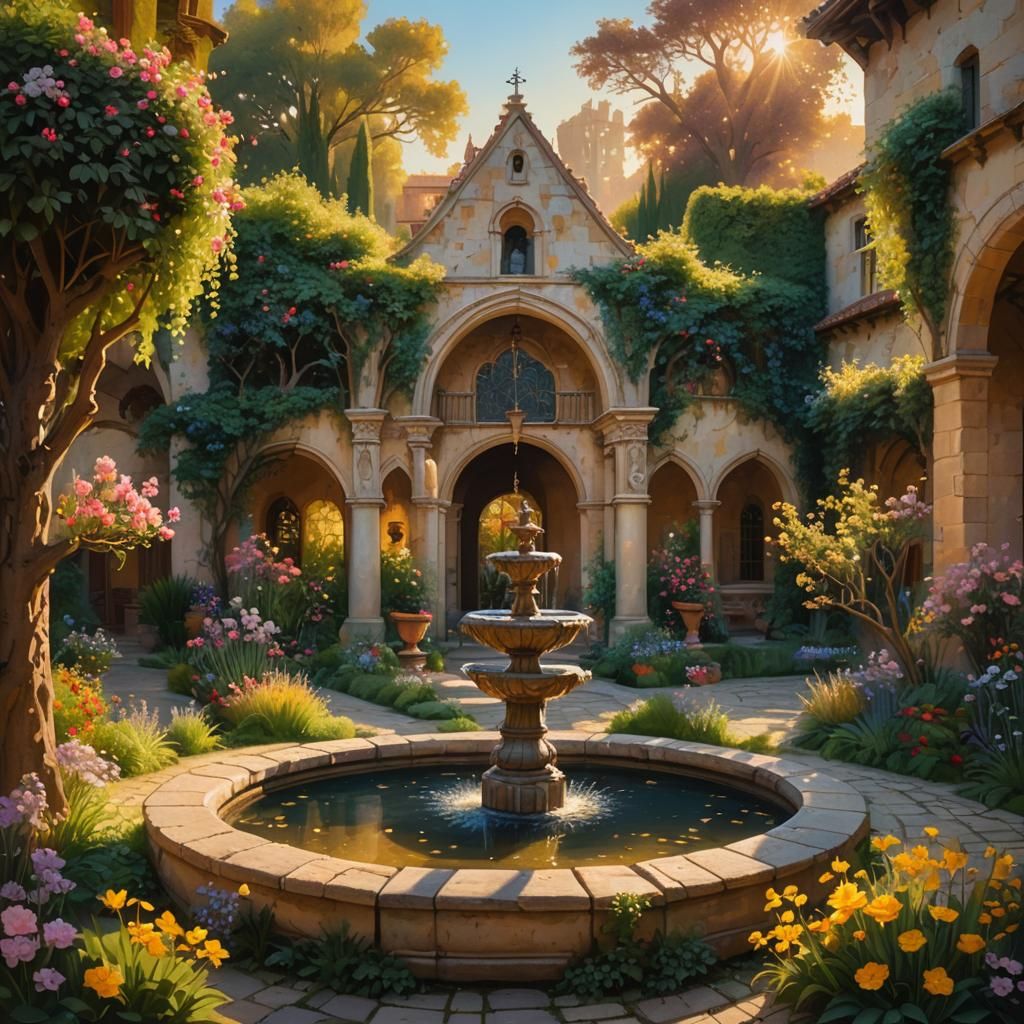 Medieval Garden Serenity: Impressionist Landscape Painting