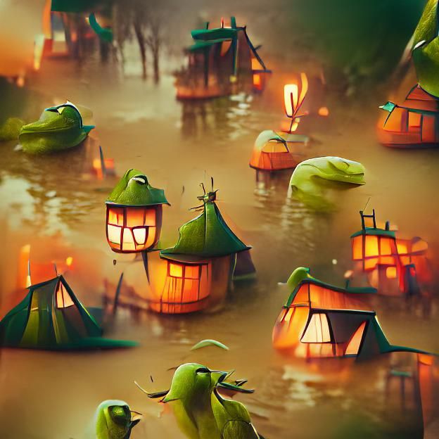 Swamp Village of Lanterns in Digital Render Style