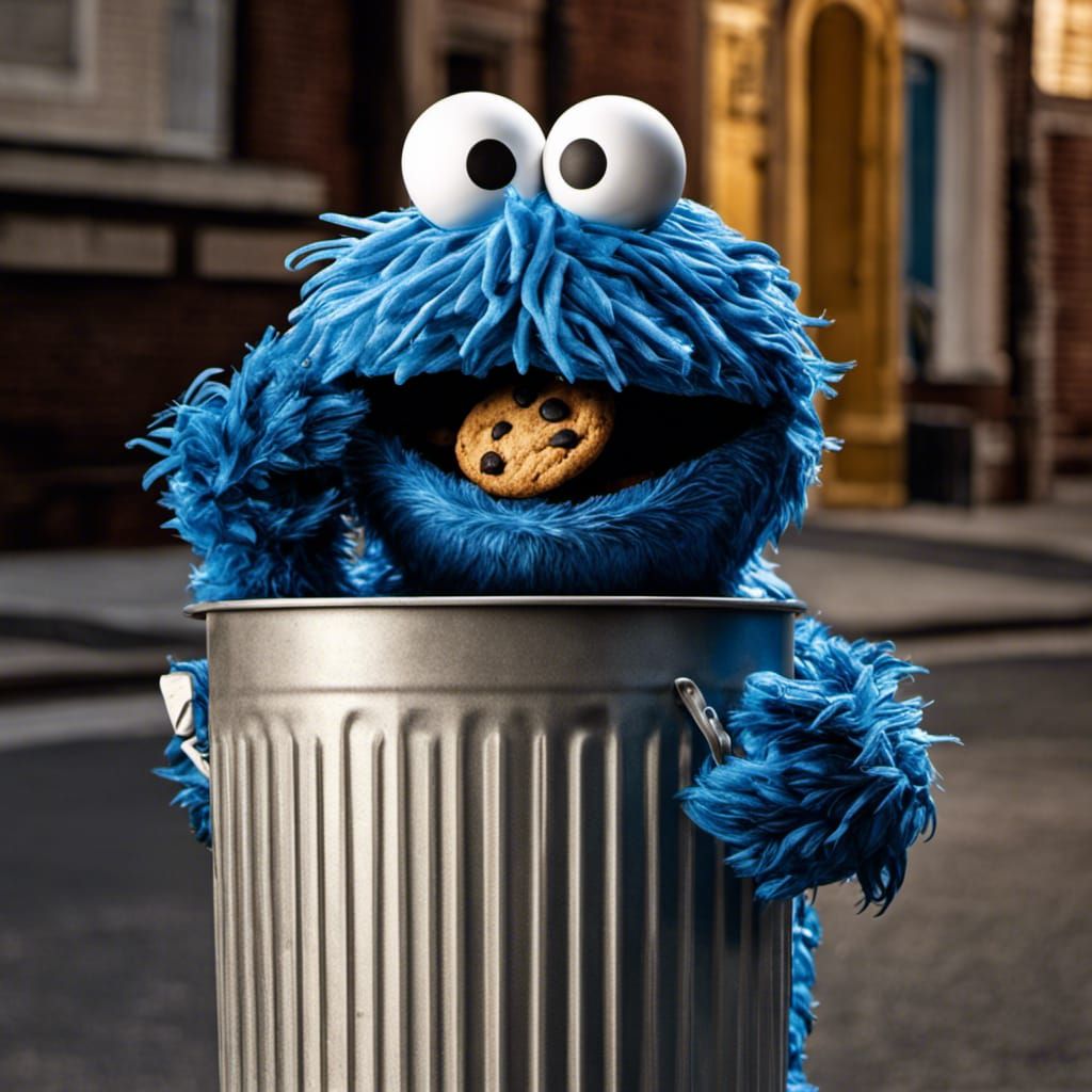 Hyperrealistic Cookie Monster in Trash Can