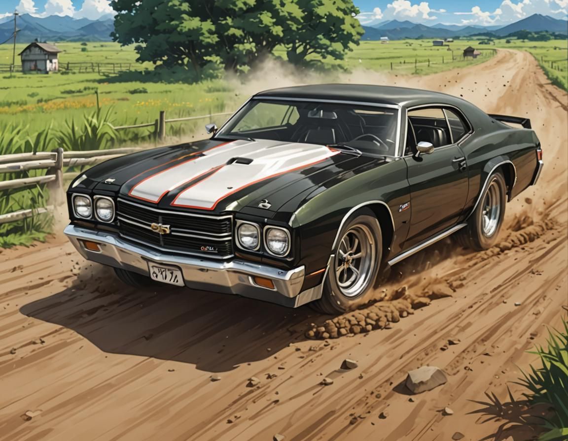 Chibi 1970 Chevelle on Dirt Road in Anime Style