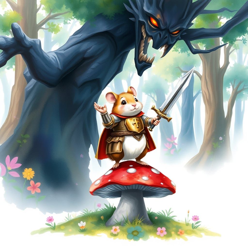 Whimsical Hamster Knight in Lush Forest Landscape