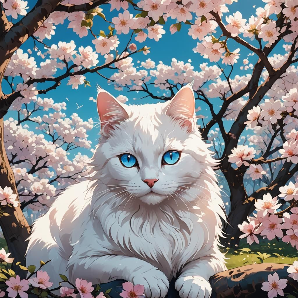 Anime Cat Illustration Near Blossom Tree