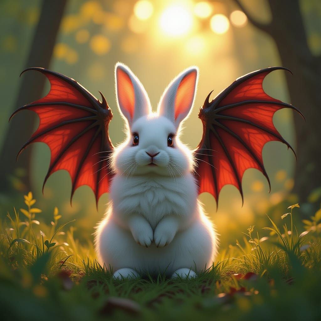 Fluffy Rabbit with Demon Wings in Forest Clearing