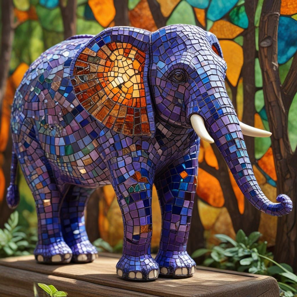 Mosaic Purple Elephant Runs Through Polka Dot Forest