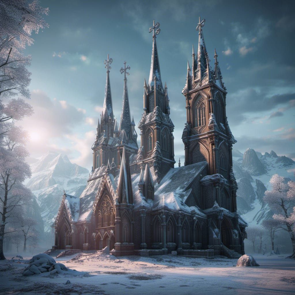 Icy Gothic Church in Winter Landscape