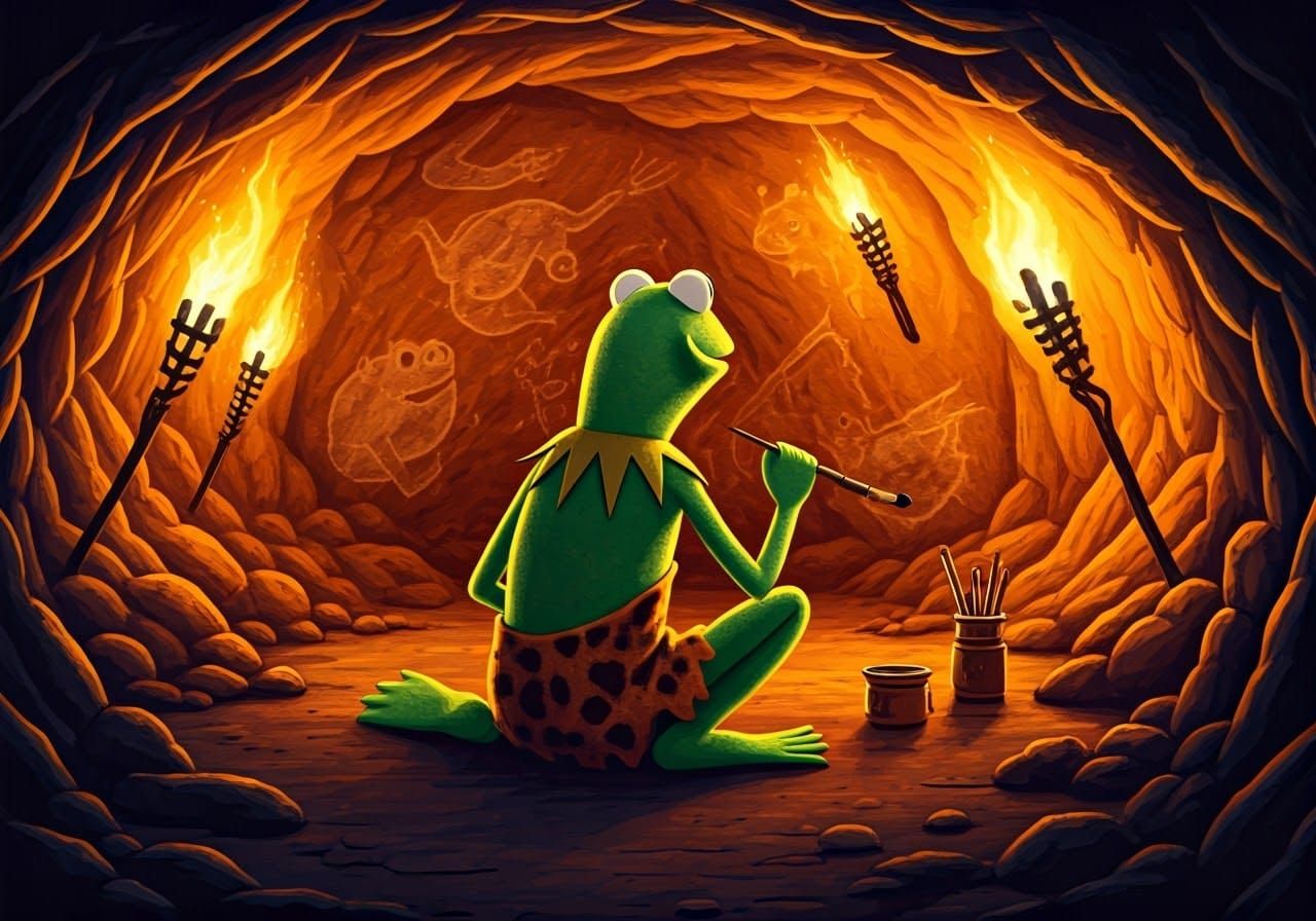 Caveman Kermit Paints Primal Frog and Pig Scenes by Torchlig...