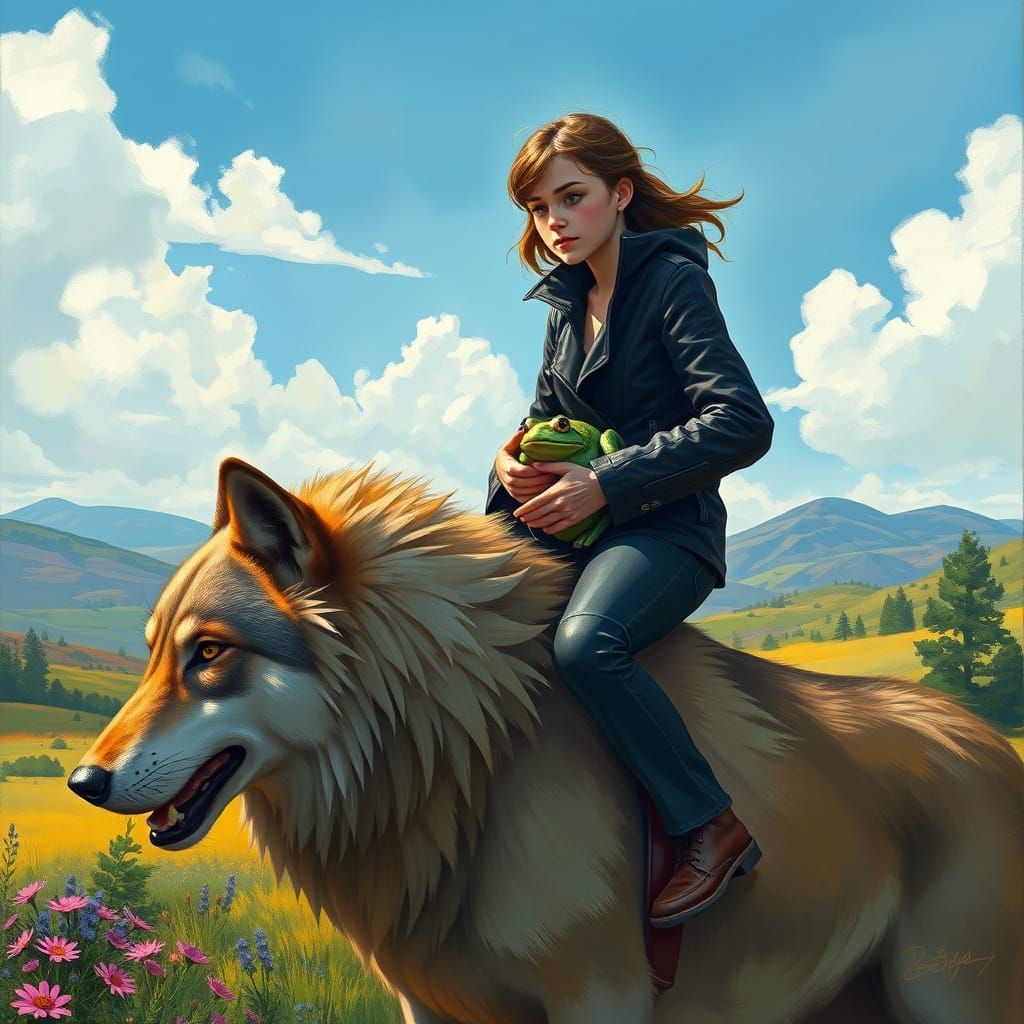 Woman Riding Wolf in Dystopian Landscape