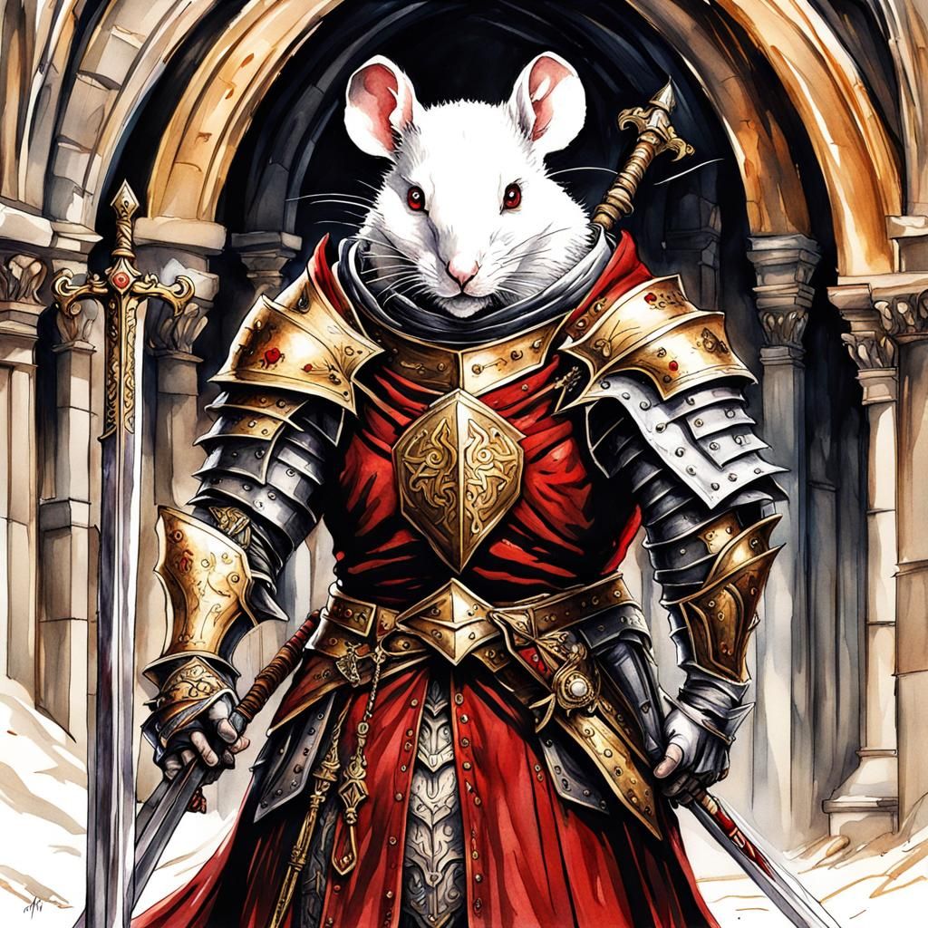 Gothic Mouse Knight in Crimson Cloak, Watercolor Style