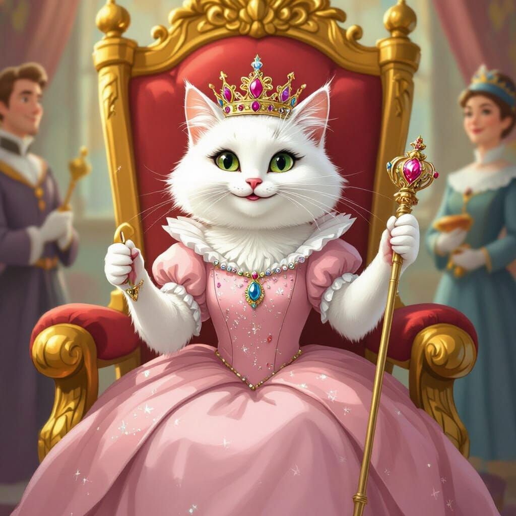 Regal White Cat Queen in Pink Dress with Scepter