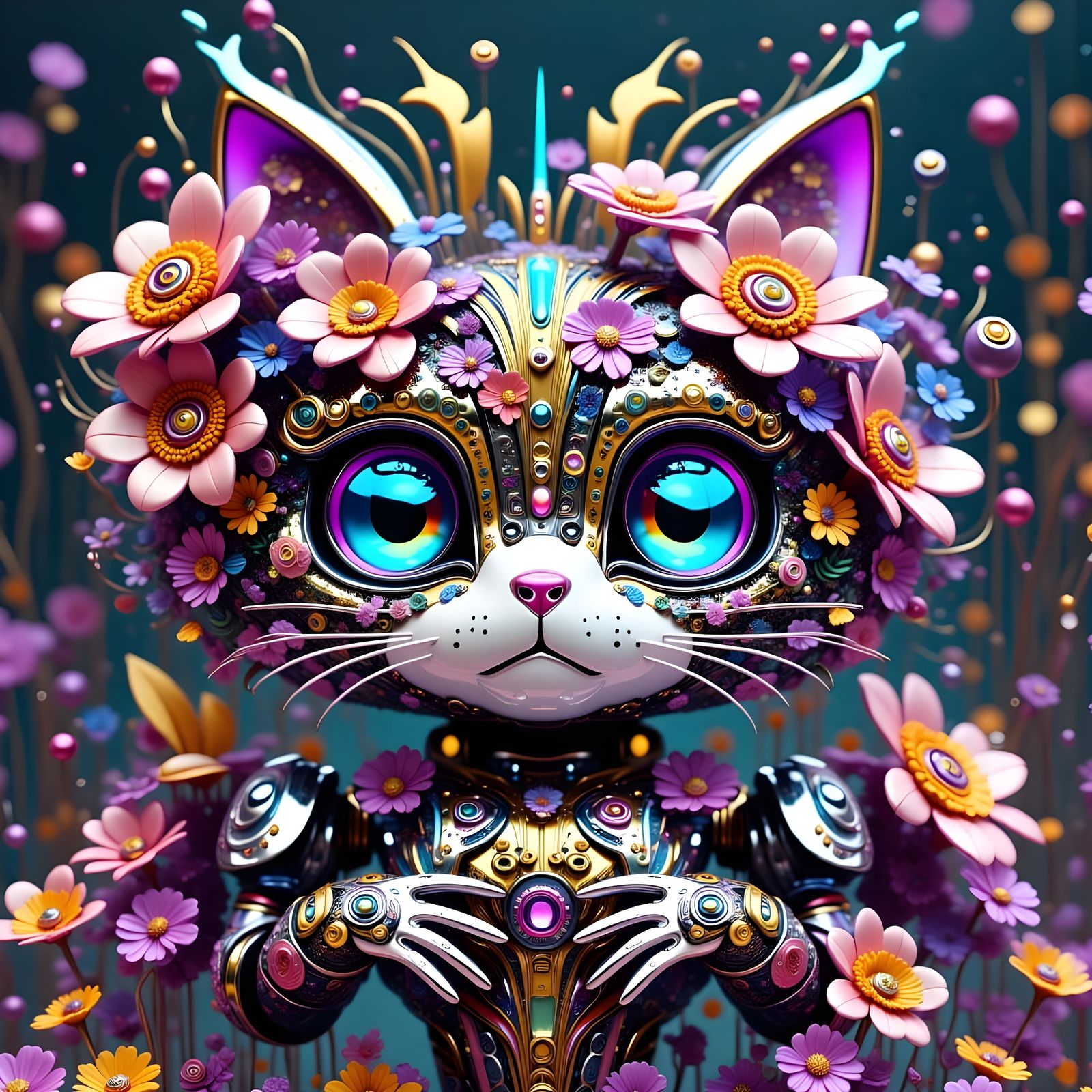 Robot Kitten and Squirrel Hugging in Flower Chrome Style