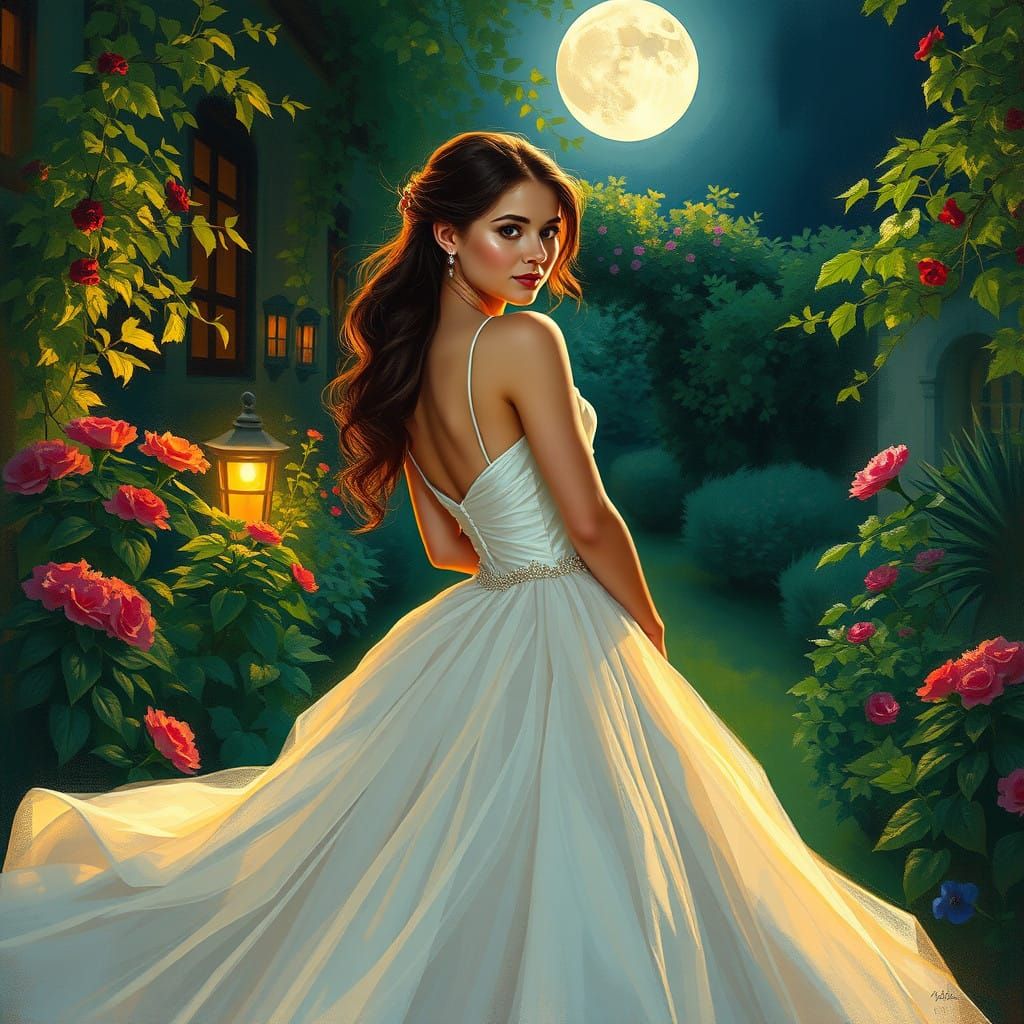 Impressionistic Ballerina in Moonlit Garden