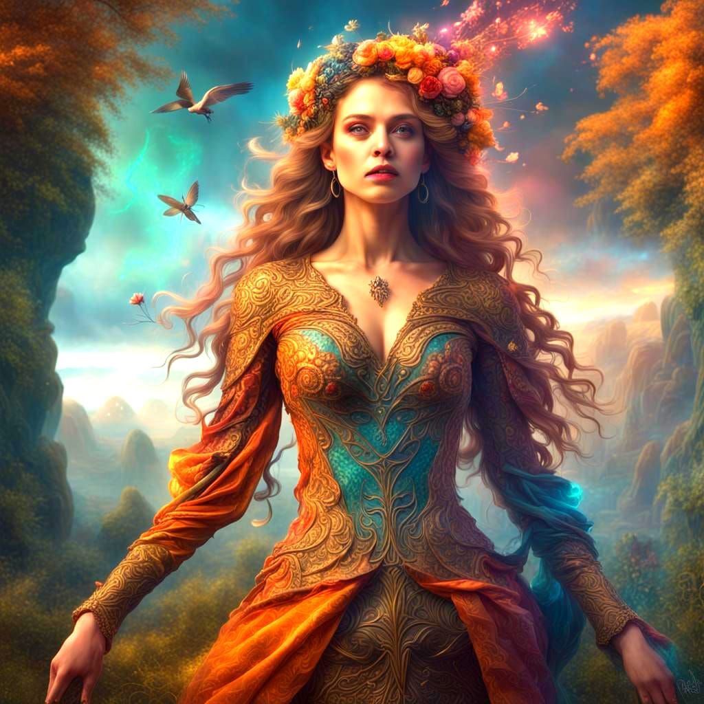 Colorful Woman of Nature and Magic in Digital Painting