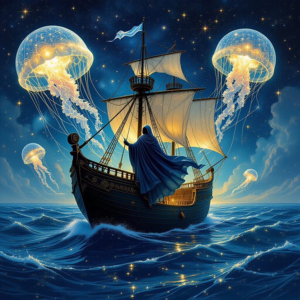 Celestial Skeleton Navigates Cosmic Sea on Phantom Galleon