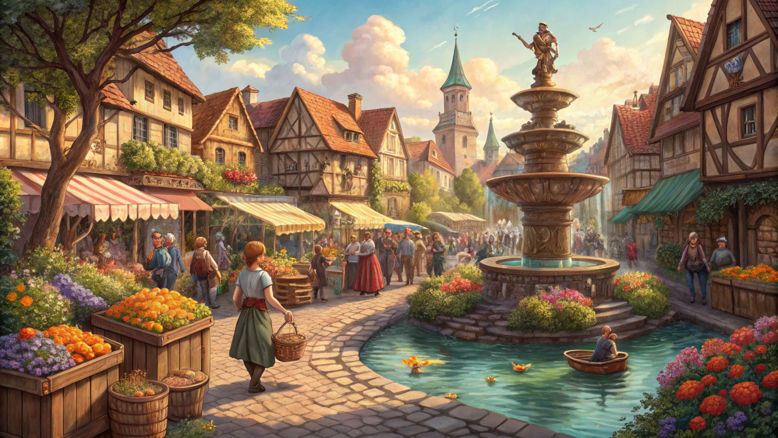 Medieval Marketplace Scene in Watercolor Style