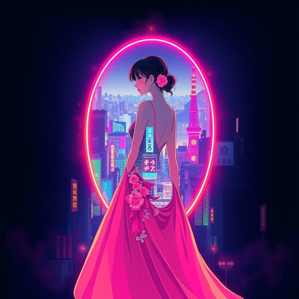 Girl in Tokyo Neon Cityscape, Inspired by Loish