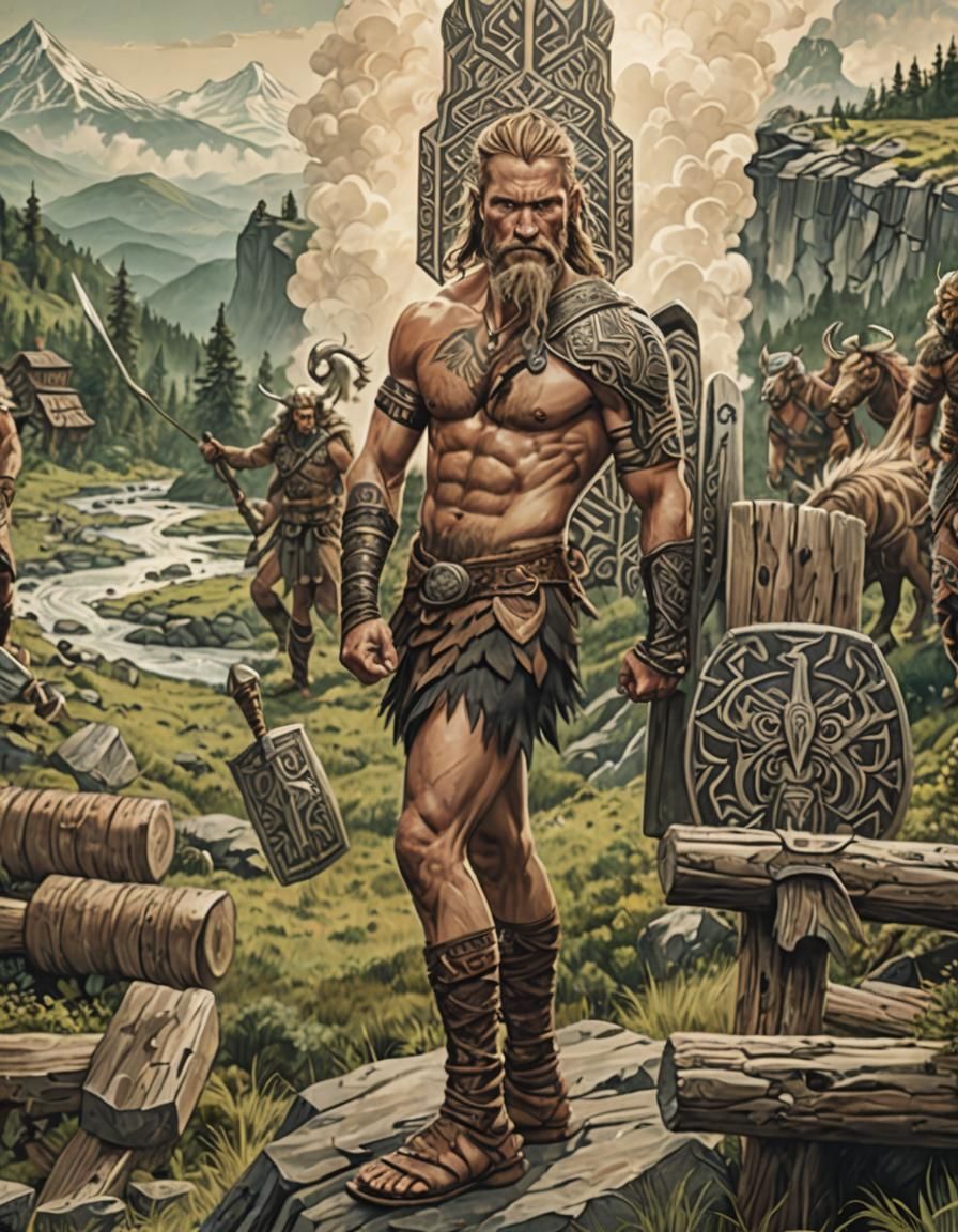 Norse Warrior Triumph: Hyperrealistic Wilderness Scene