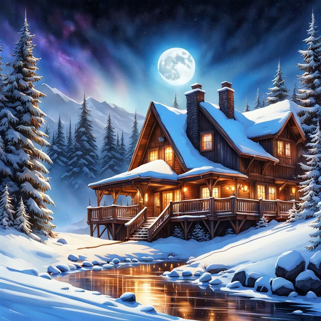Winter Ski Lodge Under Gothic Fantasy Stars