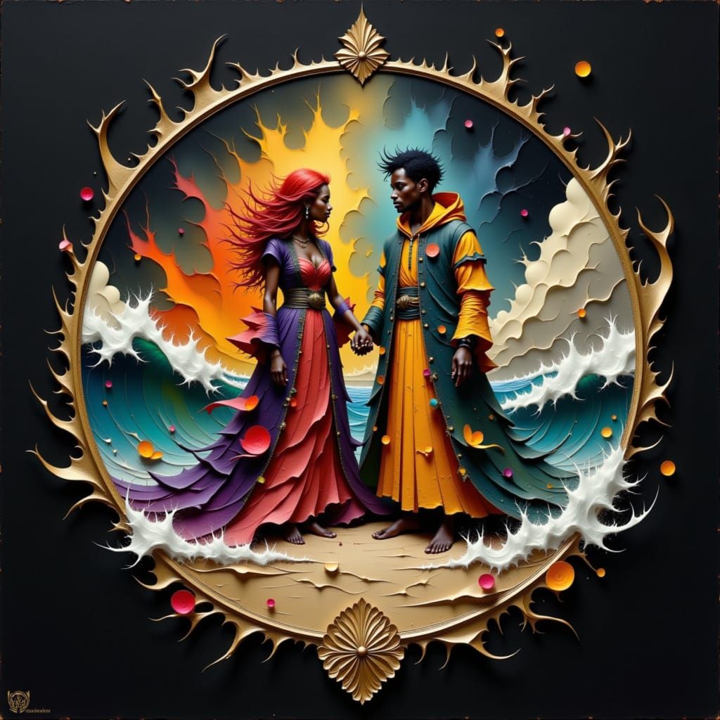 Couple Amidst Elemental Forces in Dreamlike Style