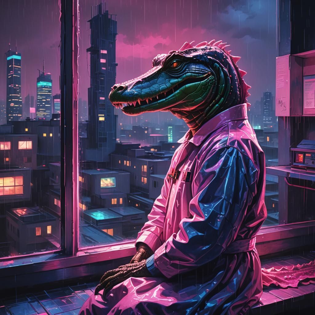 Neon Alligator Gazing at Cityscape in Synthwave Style