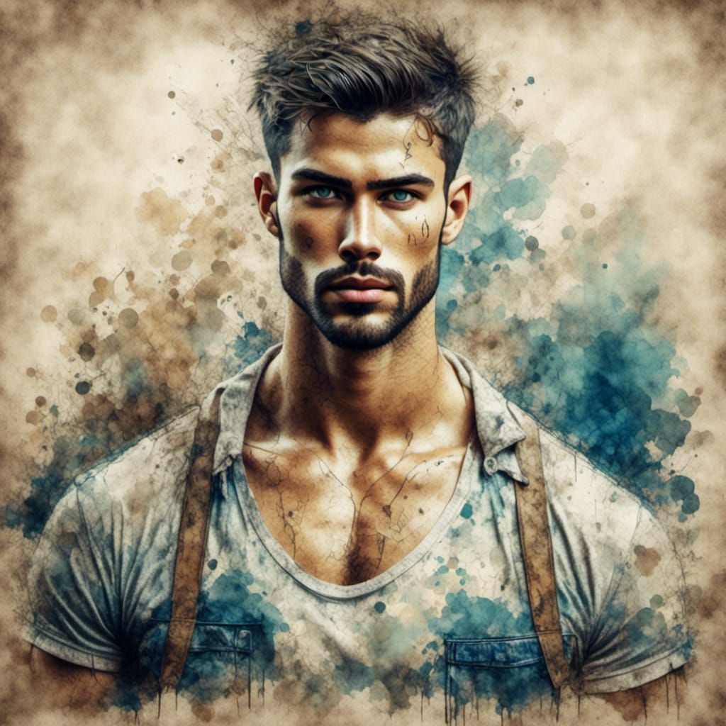 Handsome Construction Worker in Antique Watercolor Style