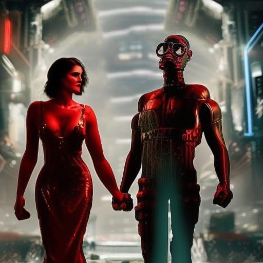 Cyberpunk Machine-Man on Date in Dystopian City