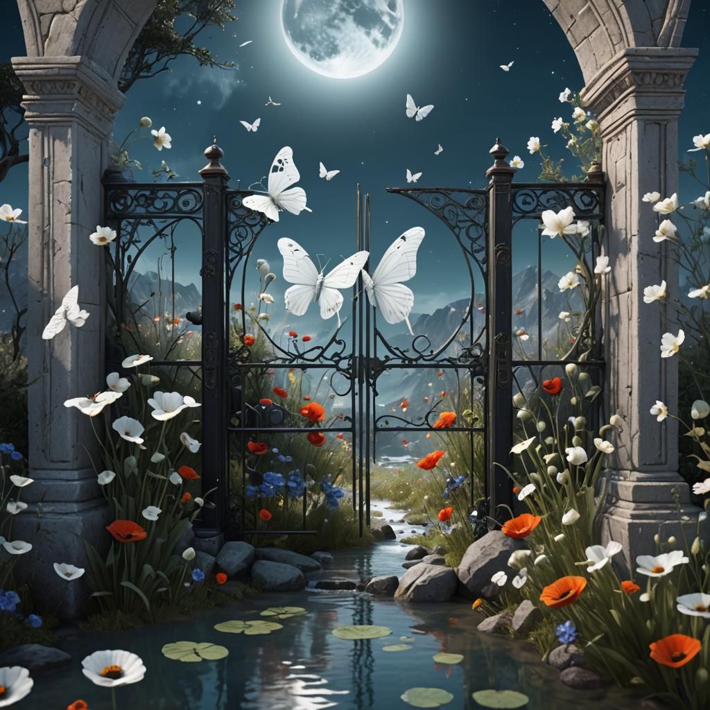 Moonlit Butterfly Among Black Poppies: Fantasy Concept Art
