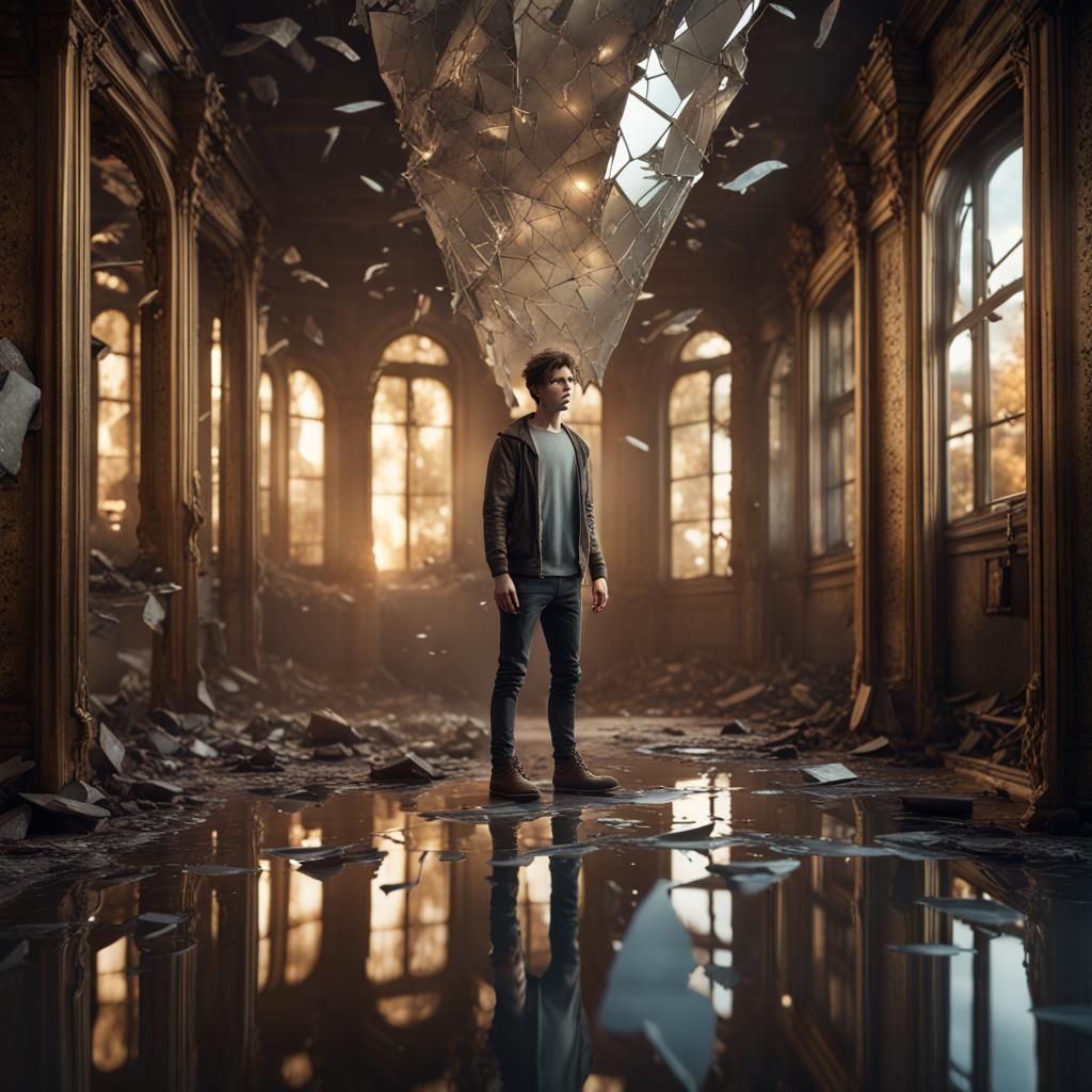 Man Confronts Screaming Reflection in Shattered Mirror