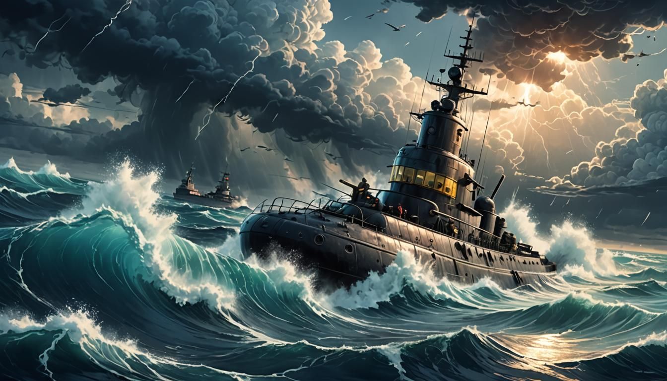 Submarine in Raging Storm: Cel-Shaded Anime Style