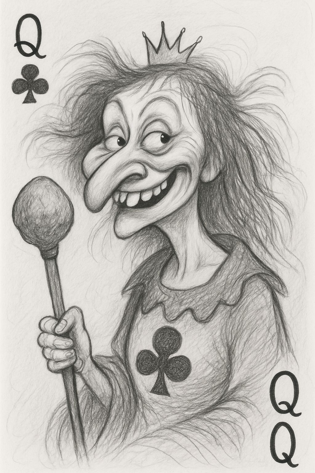 Queen of Clubs Caricature in Pencil Sketch Style
