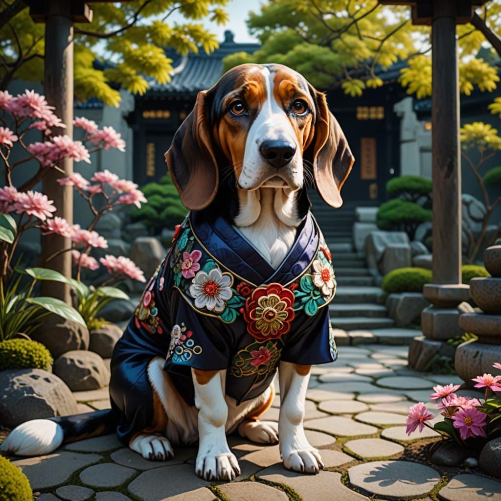 Geisha Basset Hound in Zen Garden - Digital Art