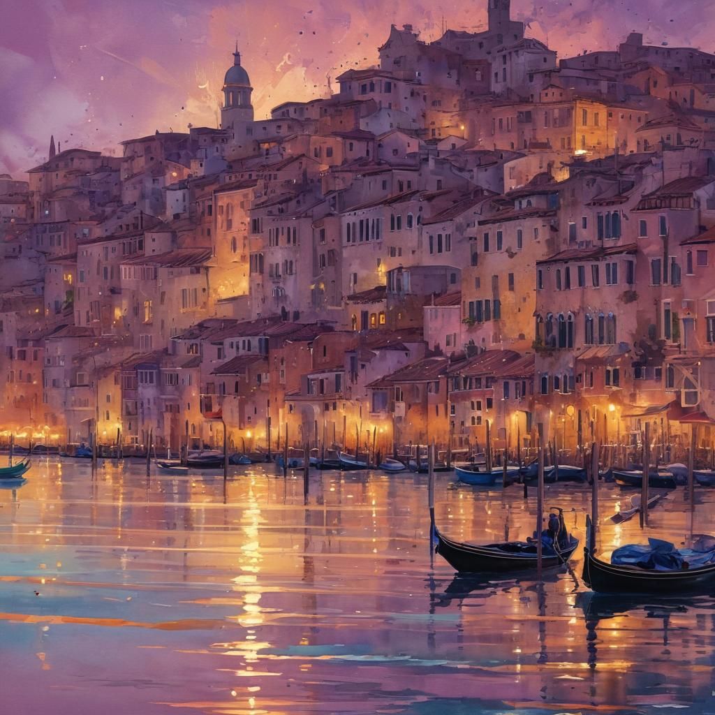 Venetian Harbor at Dusk: Watercolor Ink Splatter Art