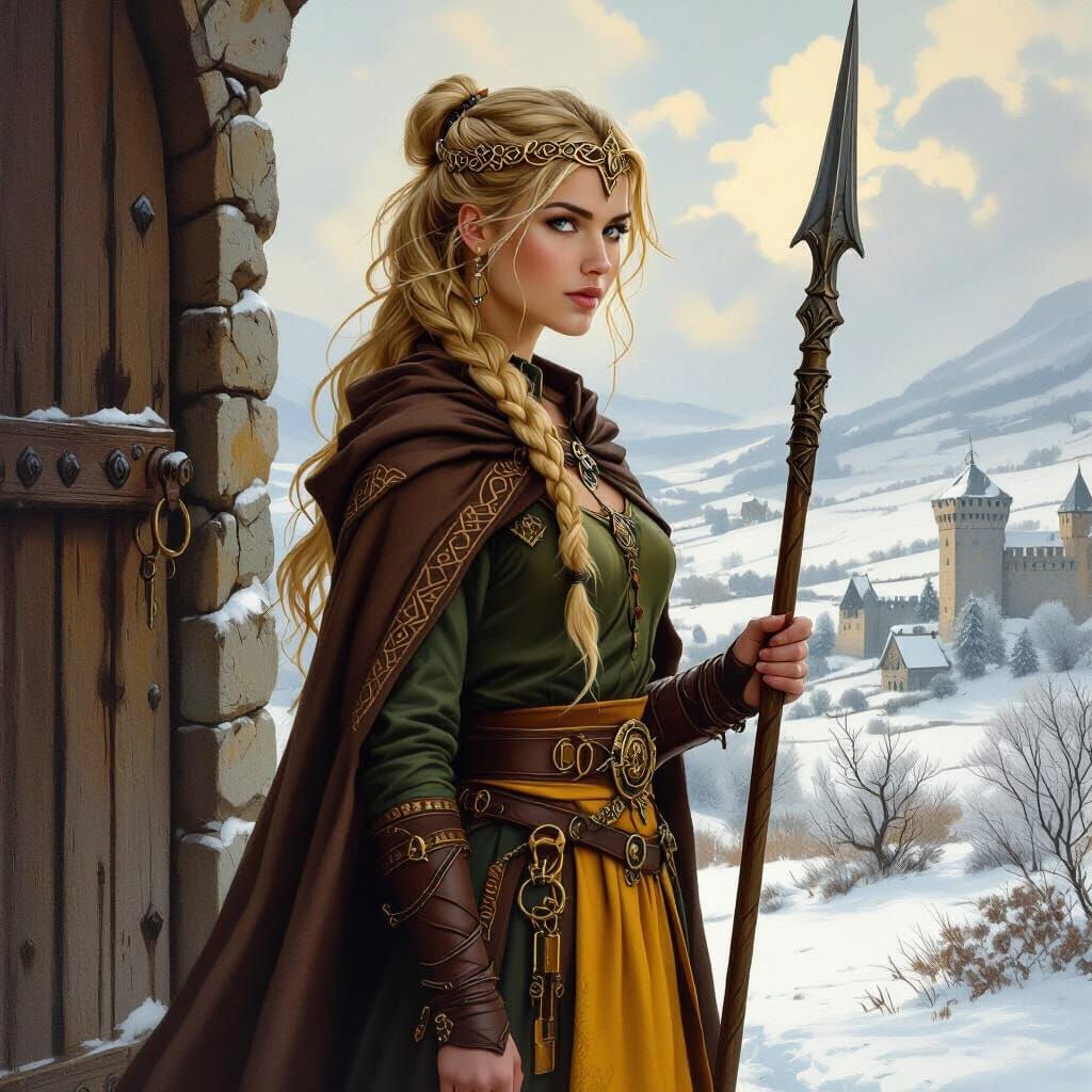 Norse Goddess Syn Outside Medieval Keep