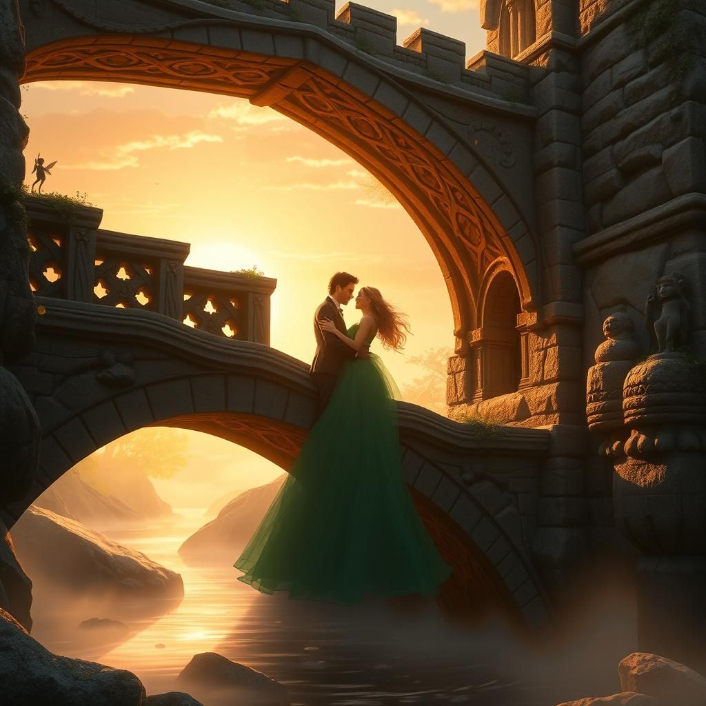 Romantic Couple's Sunrise Encounter in Fantasy Landscape