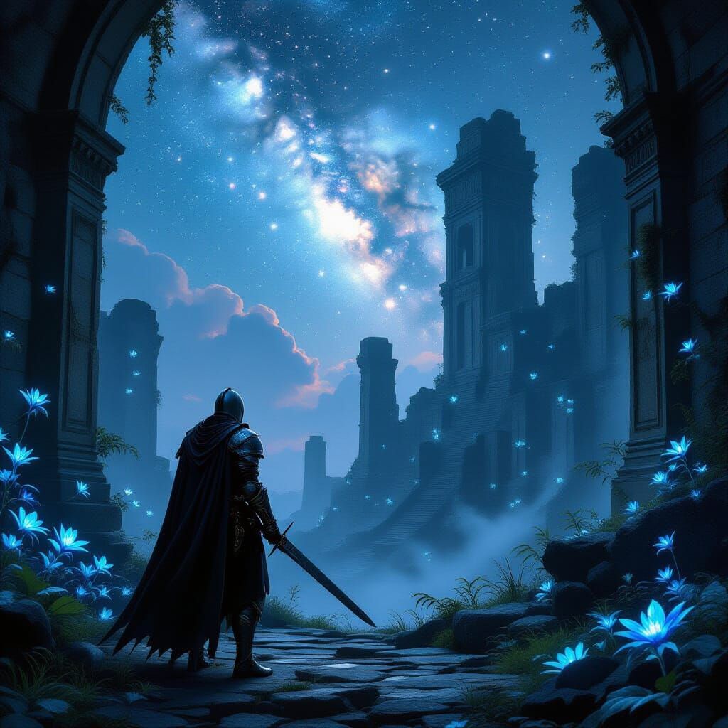 Knight in Ancient Ruins Under Nebula Glow