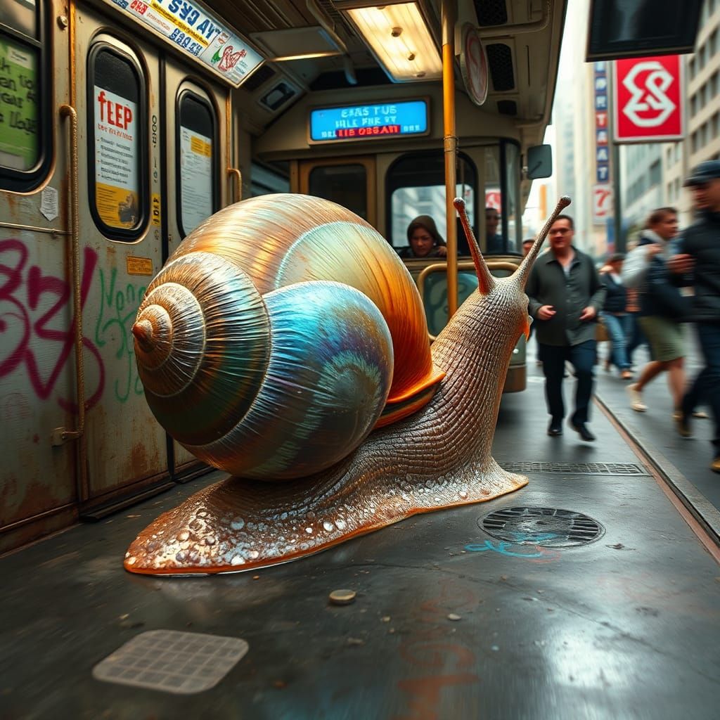 Giant Snail Rides a City Bus