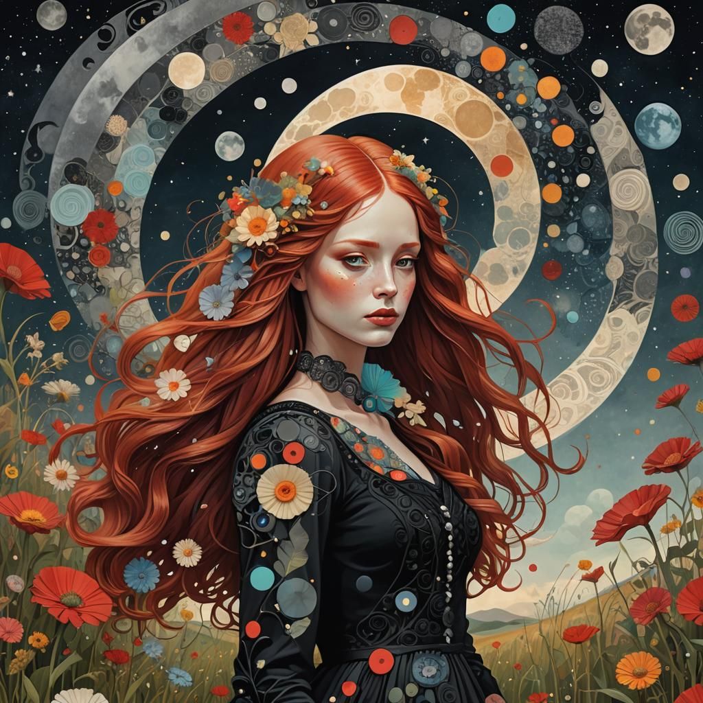 Surreal Collage Art: Woman with Red Hair and Moon